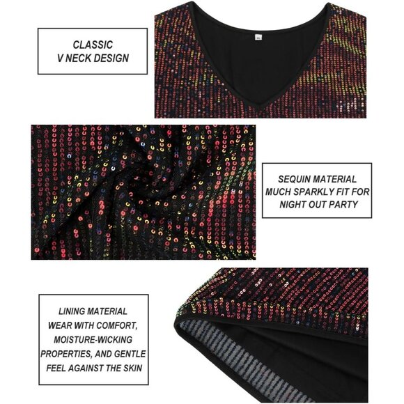 Plus Size Sequin Top Women Short Sleeve Party Blouse Sparkle V Neck - Picture 7 of 7